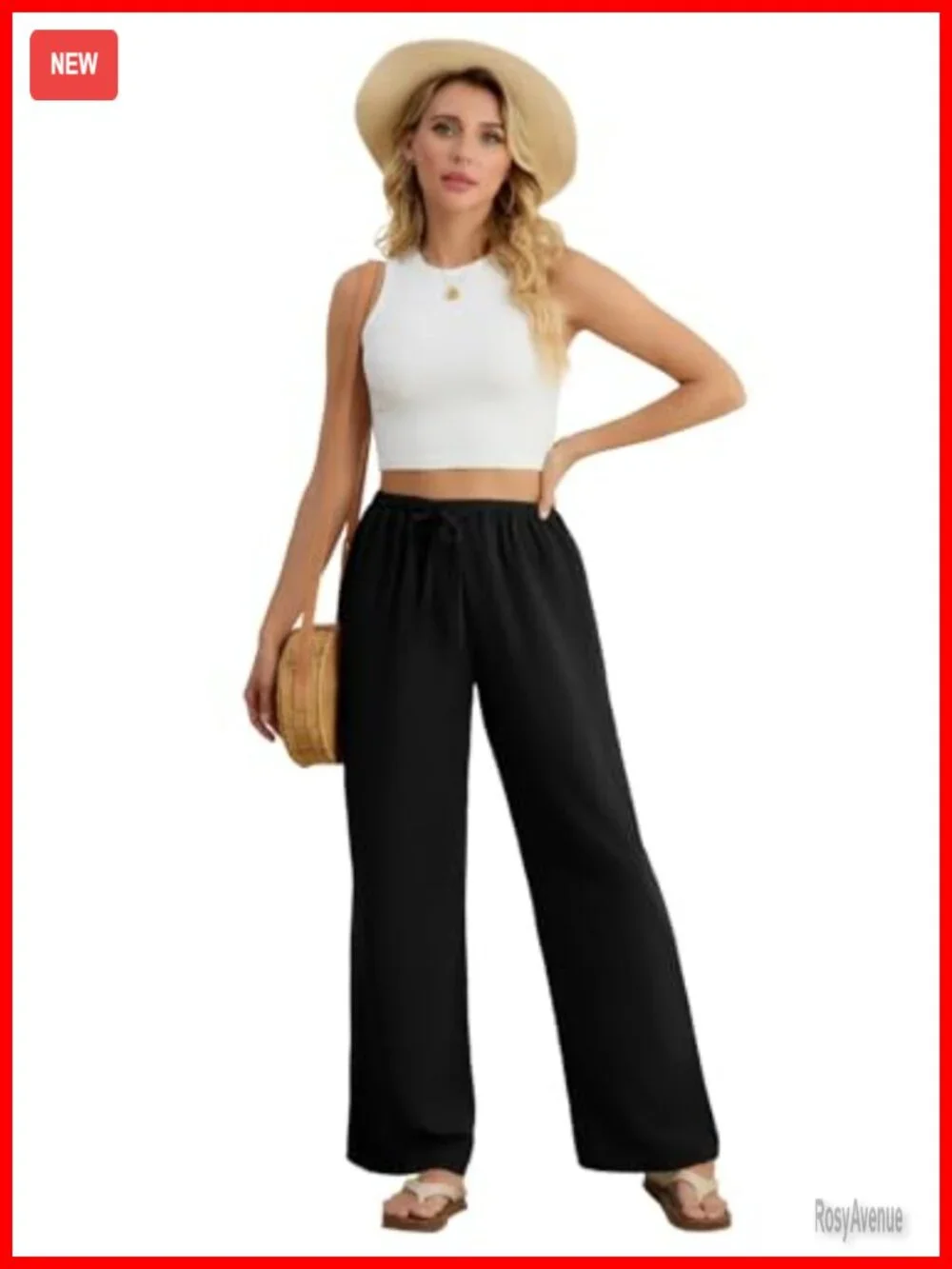 Casual Pants Drawstring Elastic Waist Flowy Wide Leg Beach Trousers with Pockets
